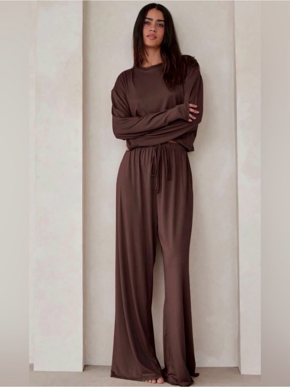 Bumpsuit “The Cloud” Long Sleeve Tee & Wide Leg Pants Set 🤎 Chocolate Brown